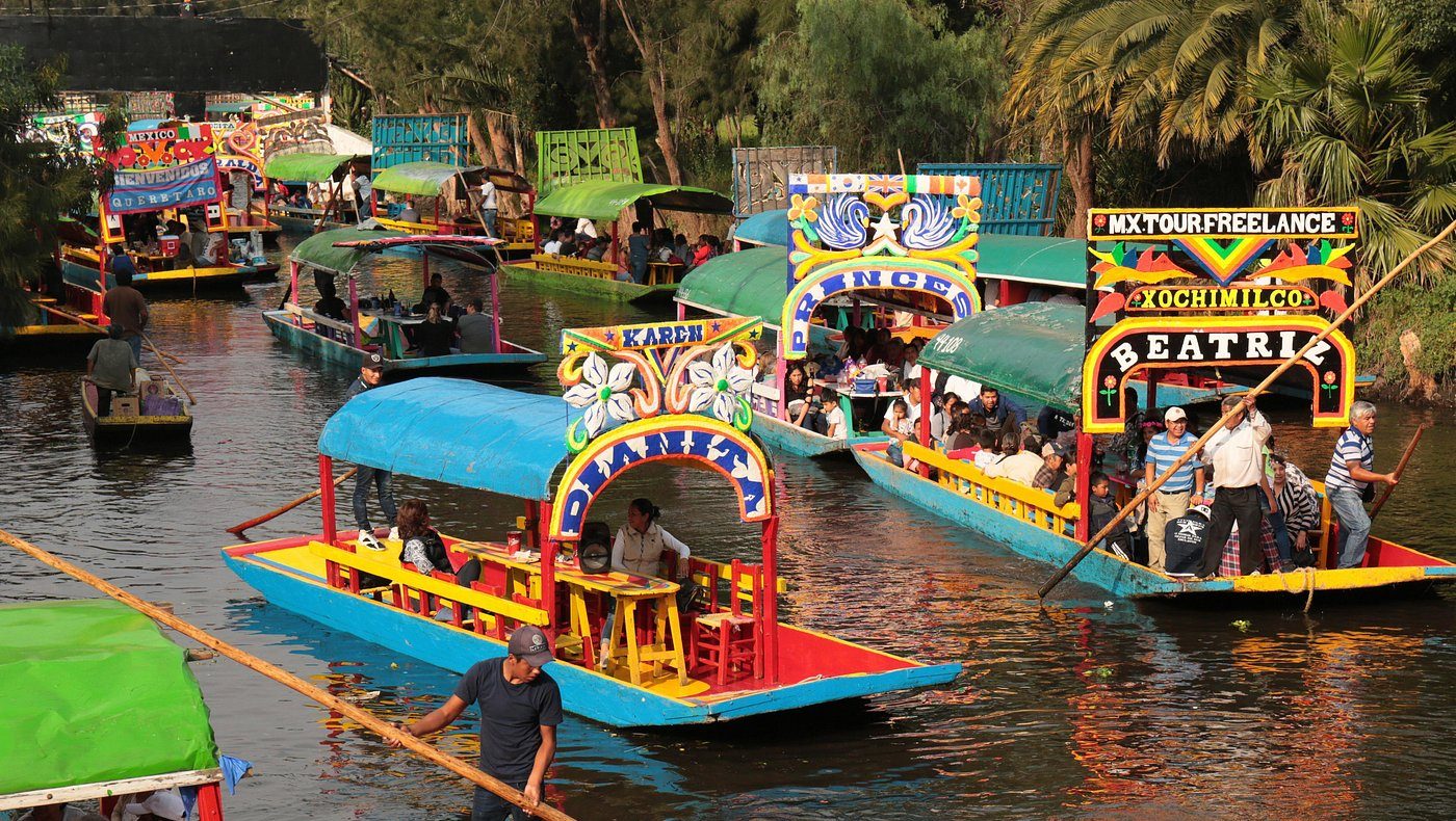 Colorful trajineras on the canals of Xochimilco